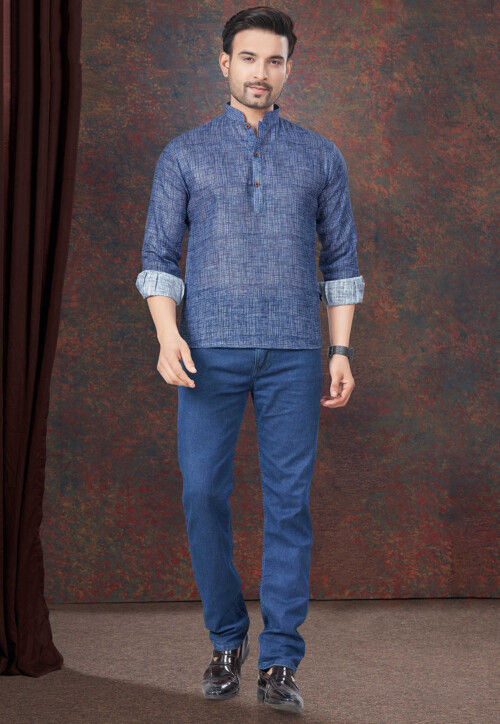 Solid Color Linen Short Kurta in Blue