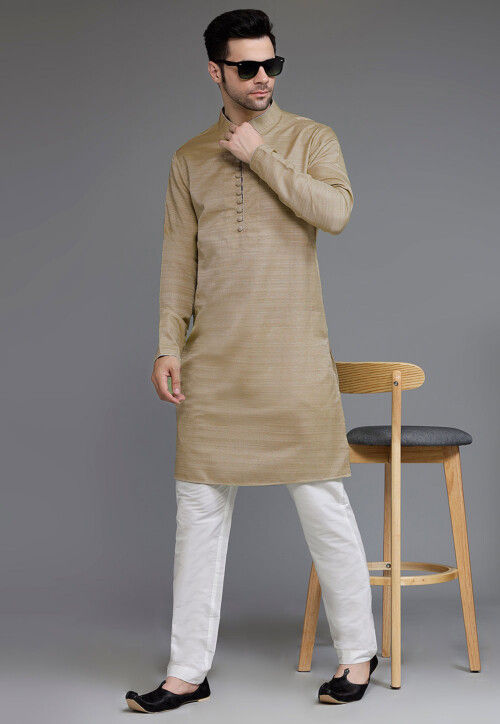 Solid Color Matka Silk Kurta Set in Beige
