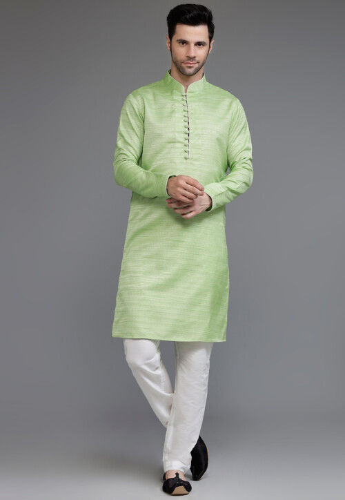 Solid Color Matka Silk Kurta Set in Light Green