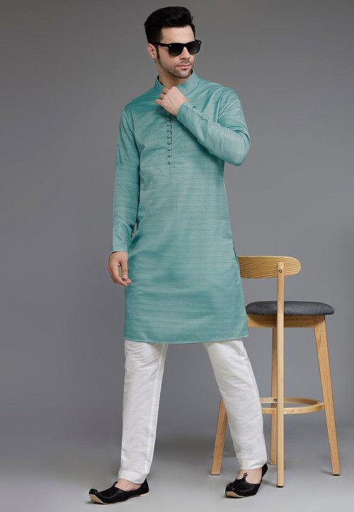 Solid Color Matka Silk Kurta Set in Sky Blue