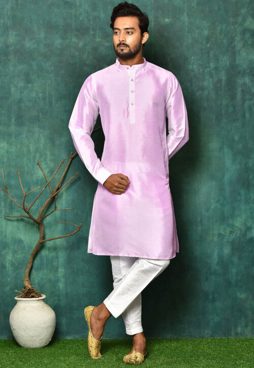 Solid Color Modal Silk Kurta Set in Light Purple