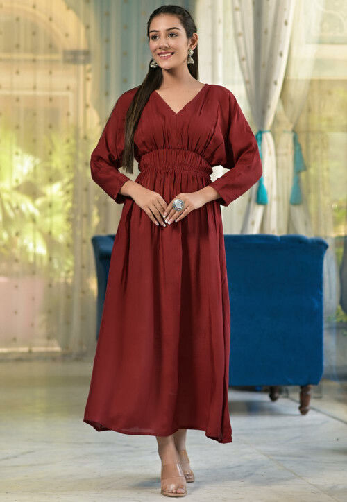 Elegant maroon printed combination dress with kantha border and attach   Sujatra