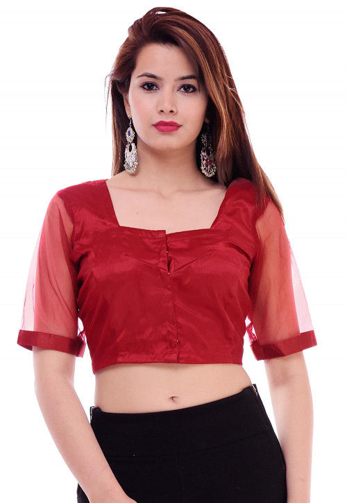 Solid Color Net Blouse in Maroon