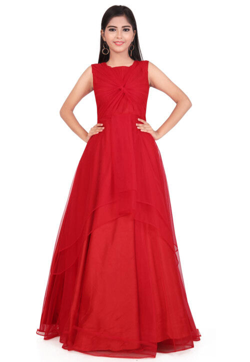 Gown : Red georgette and soft net embroidered gown