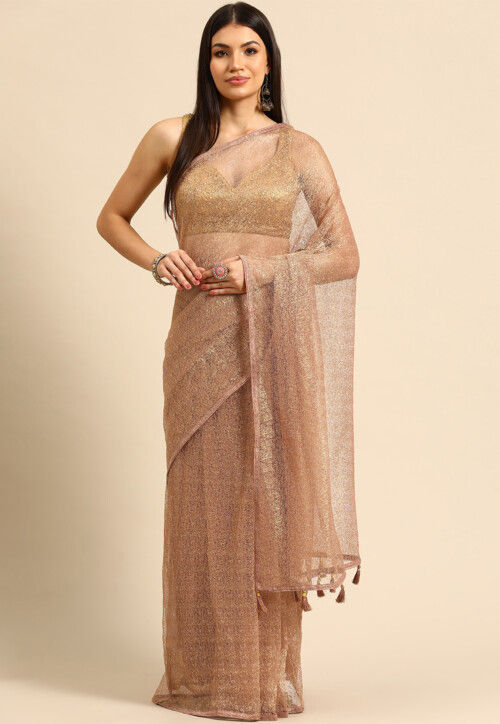 Solid Color Net Shimmer Saree in Beige