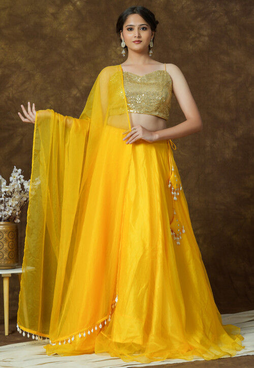 Buy Solid Color Organza Lehenga in Yellow Online LJN1858 Utsav