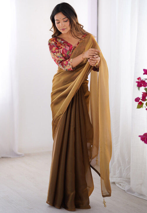 Solid Color Saree Buy Solid Color Organza Saree in Brown Online : SPF14360 - Utsav Fashion