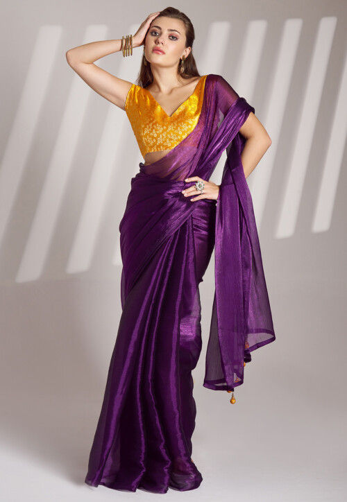 Solid Color Organza Saree in Purple