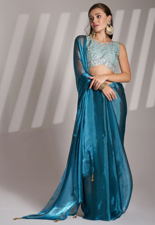 Solid Color Saree Buy Solid Color Organza Saree in Teal Blue Online : SPF13694 - Utsav ...