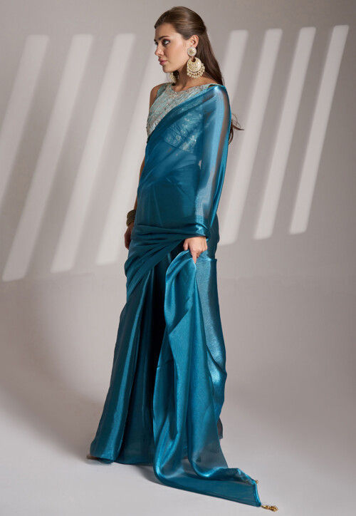Solid Color Saree Buy Solid Color Organza Saree in Teal Blue Online : SPF13694 - Utsav ...