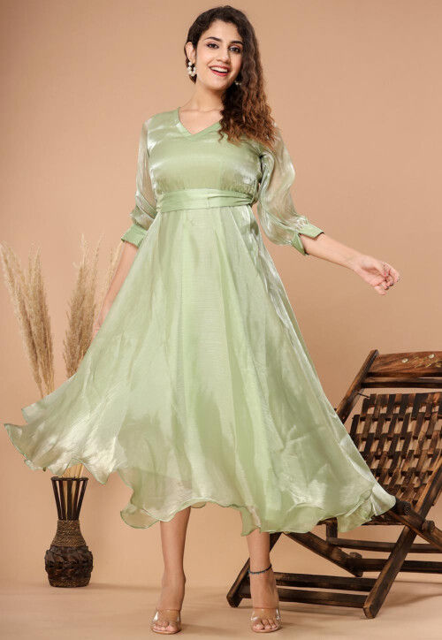 Solid Color Organza Shimmer Flared Dress in Light Olive Green : TBA115