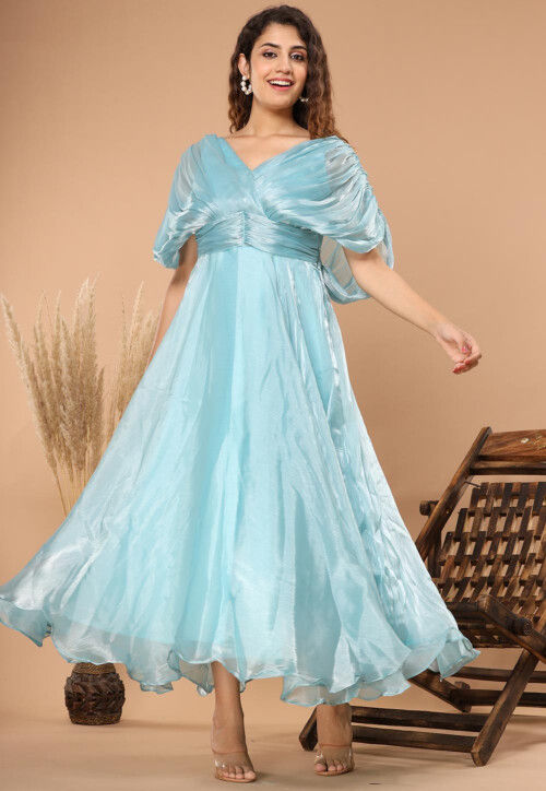 Sky Blue Long Chiffon Prom Dresses with Sleeves Formal Dresses – Pgmdress