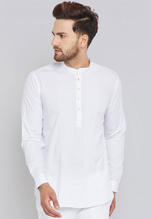 Solid Color Pintucked Cotton Short Kurta in White : MVE1222