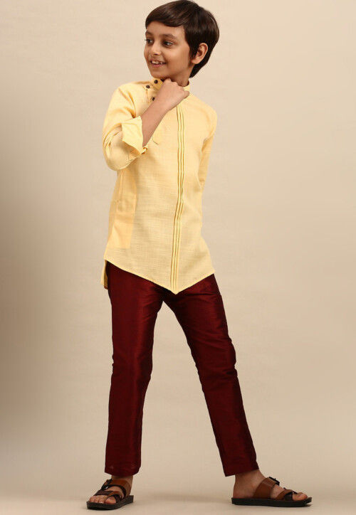 Solid Color Cotton Asymmetric Short Kurta Set in Light Yellow