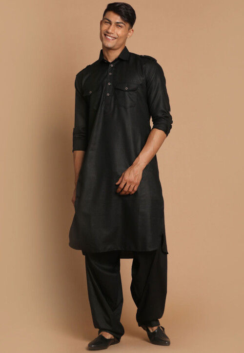 Black Readymade Lycra Pathani Suit 384MW09