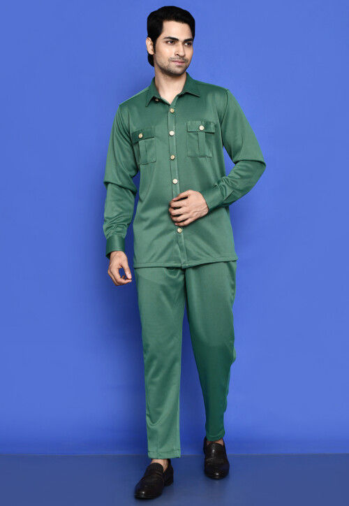 Solid Color Polyester Co Ord Set in Dark Green