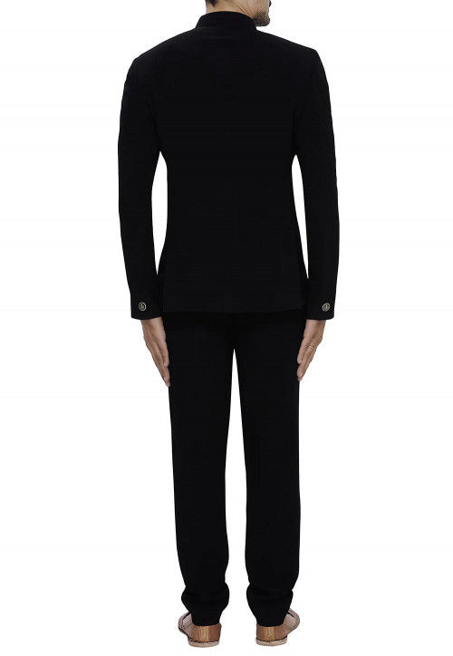 Solid Color Polyester Jodhpuri Suit in Black : MNB707