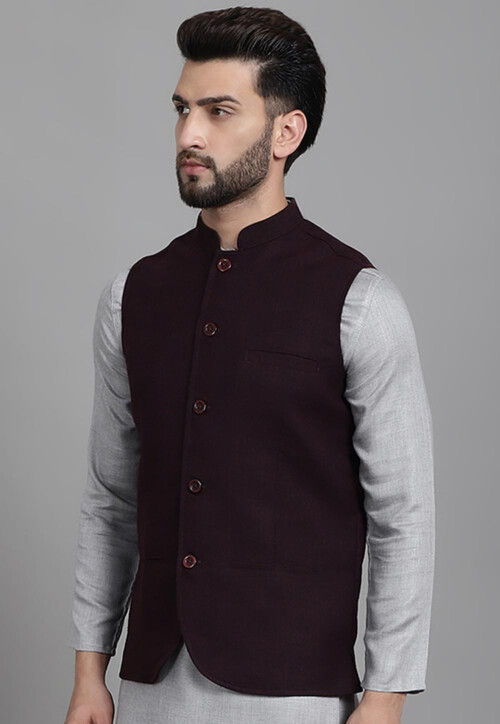 Buy Banarasi Silk Wine Mens Nehru Jacket(NMK-6450) Online