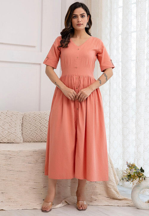 Solid Color Pure Cotton Aline Dress in Peach