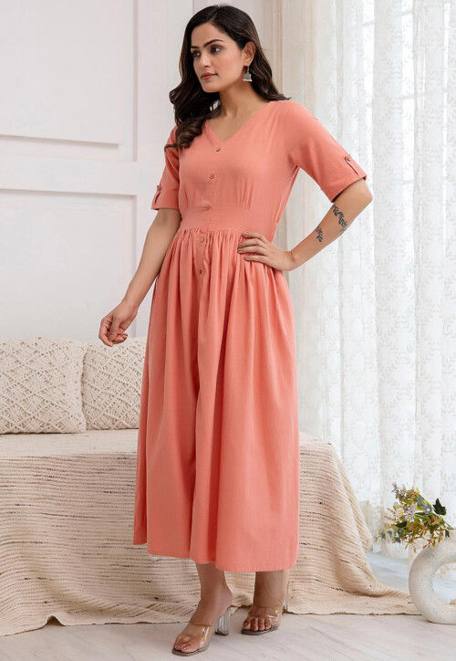 Solid Color Pure Cotton Aline Dress in Peach