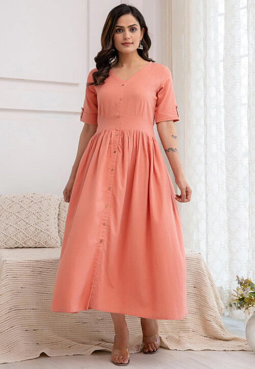Solid Color Pure Cotton Aline Dress in Peach