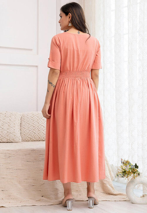 Solid Color Pure Cotton Aline Dress in Peach