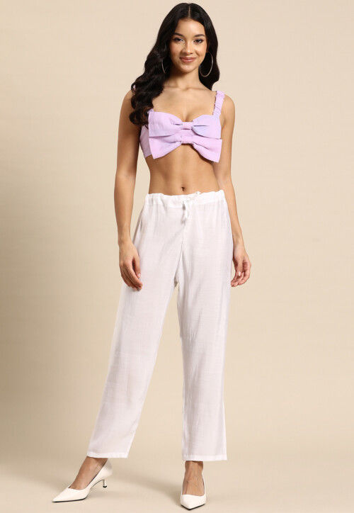 UtsavFashion Solid Color Pure Cotton Crop Top Set in Light Purple
