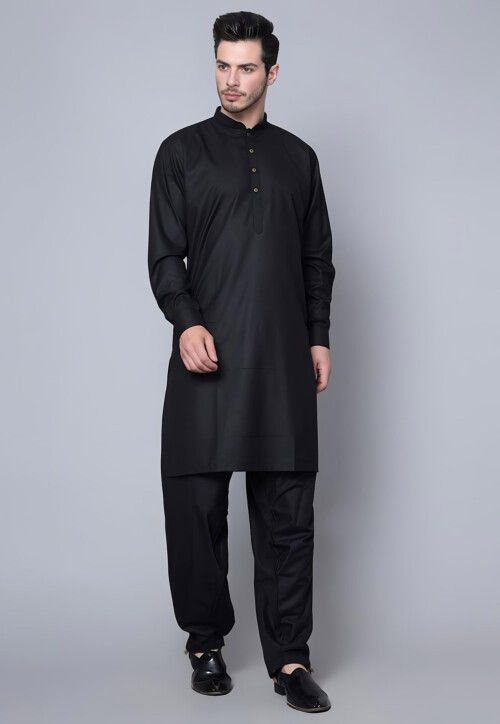 Solid Color Pure Cotton Kurta Set in Black