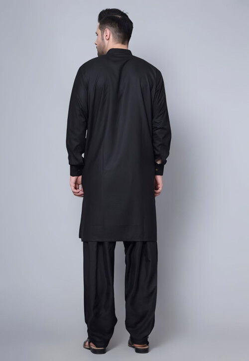Solid Color Pure Cotton Kurta Set in Black
