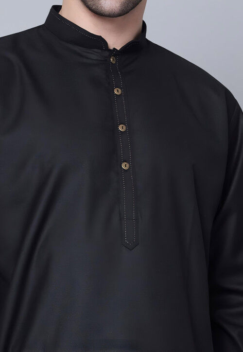 Solid Color Pure Cotton Kurta Set in Black
