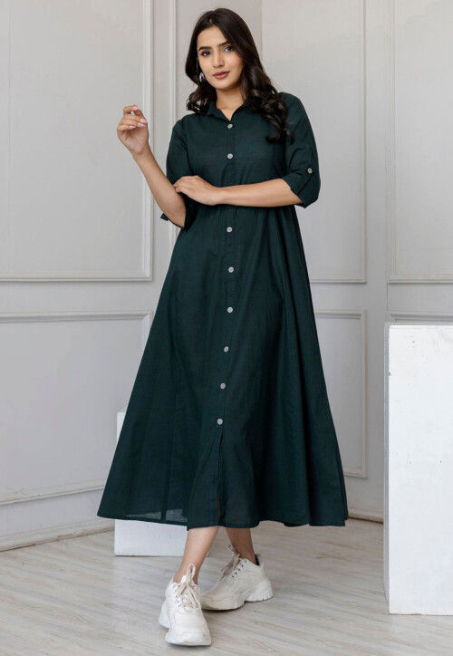 Buy Solid Color Pure Cotton Midi Dress in Dark Green Online : TUV879 - Utsav Fashion Buy Solid Color Pure Cotton Midi Dress in Dark Green Online : TUV879 - Utsav Fashion