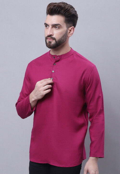 Solid Color Pure Cotton Short Kurta in Magenta