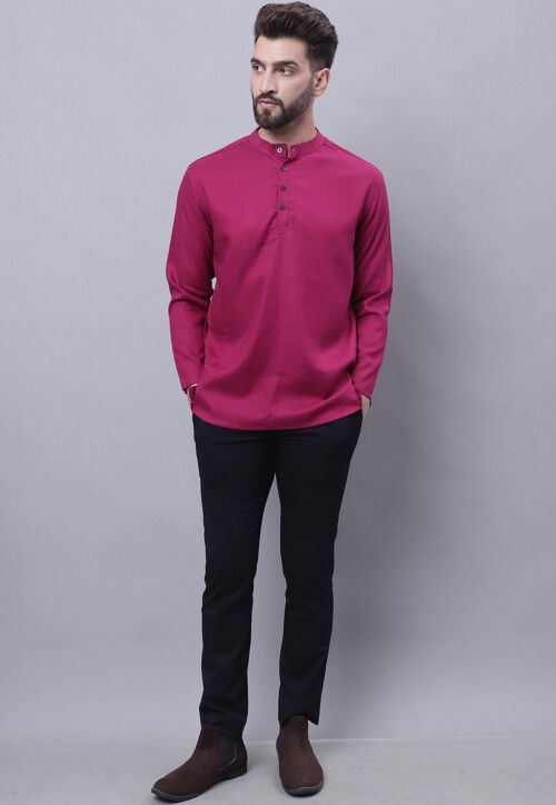 Solid Color Pure Cotton Short Kurta in Magenta