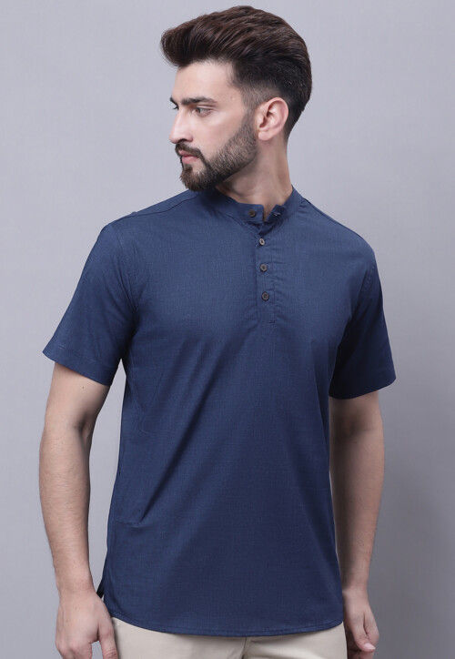 Solid Color Pure Cotton Short Kurta in Navy Blue