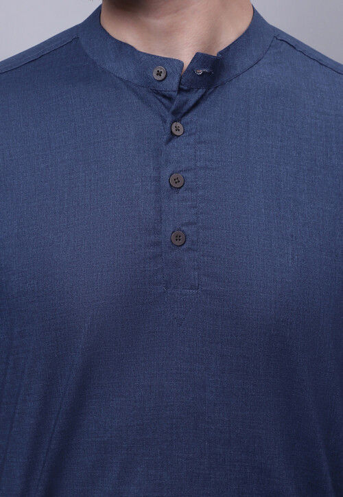 Solid Color Pure Cotton Short Kurta in Navy Blue