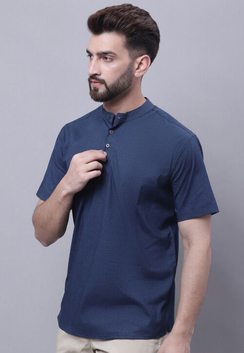 Solid Color Pure Cotton Short Kurta in Navy Blue