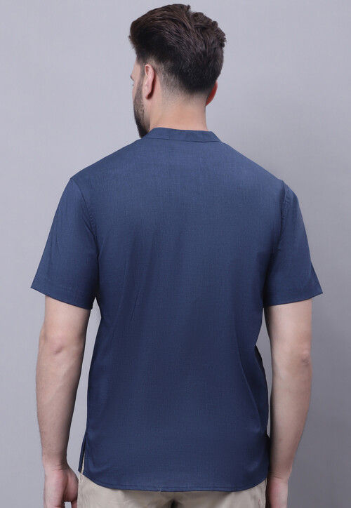 Solid Color Pure Cotton Short Kurta in Navy Blue