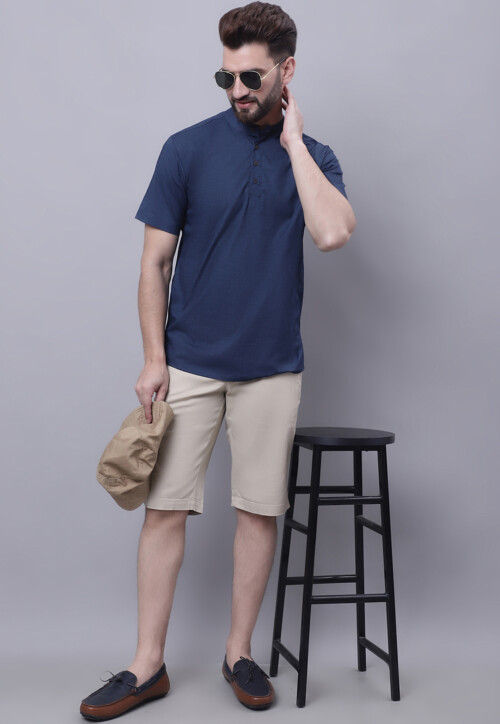Solid Color Pure Cotton Short Kurta in Navy Blue