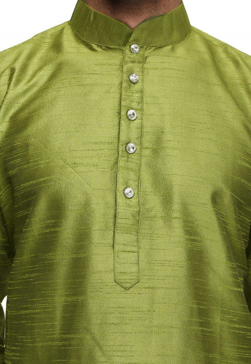 Solid Color Raw Silk Kurta in Olive Green