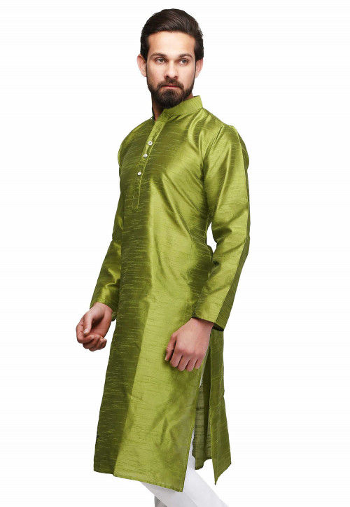 Solid Color Raw Silk Kurta in Olive Green