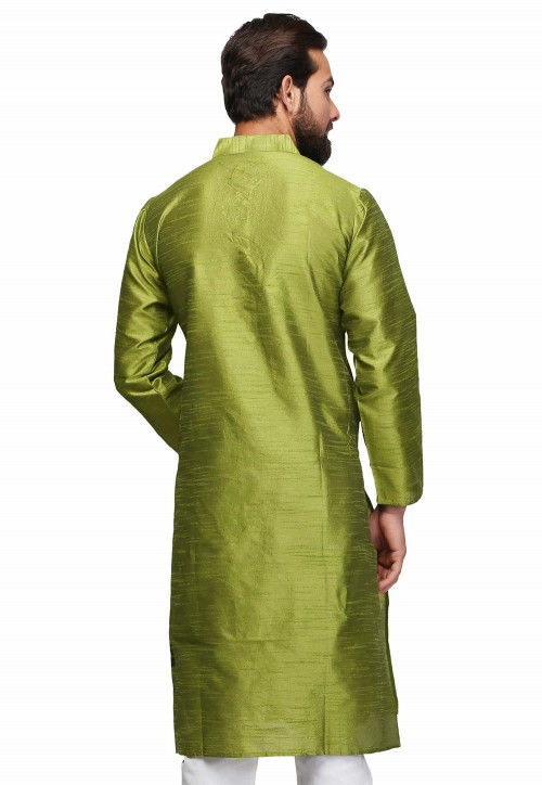 Solid Color Raw Silk Kurta in Olive Green