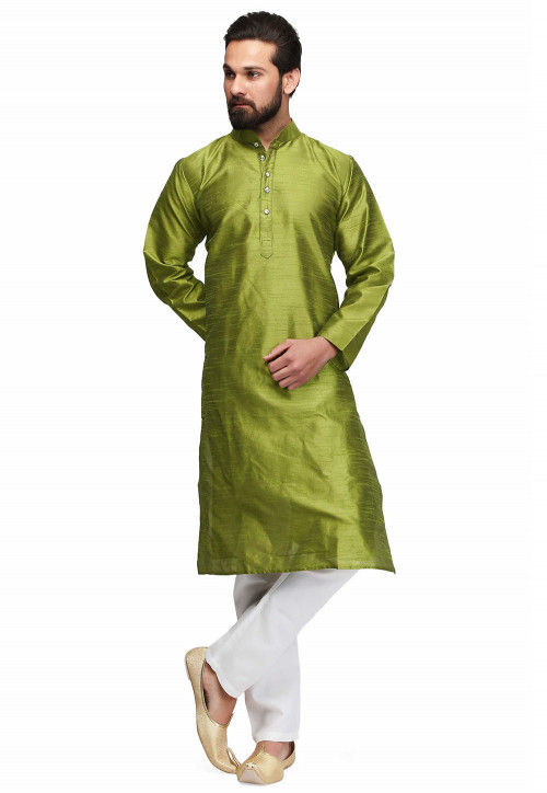 Solid Color Raw Silk Kurta in Olive Green