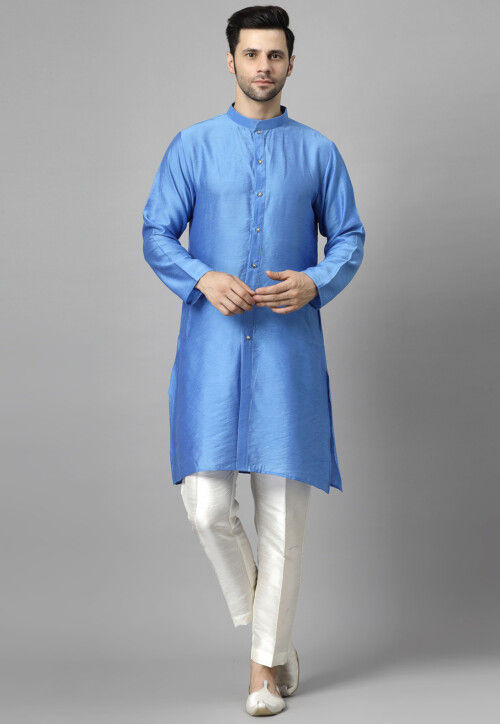 Solid Color Raw Silk Kurta Set in Blue