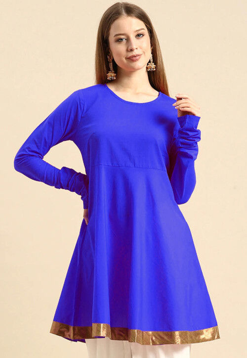 Buy Online - Aashali Royal Blue Cotton Silk Kurta With Pant Set