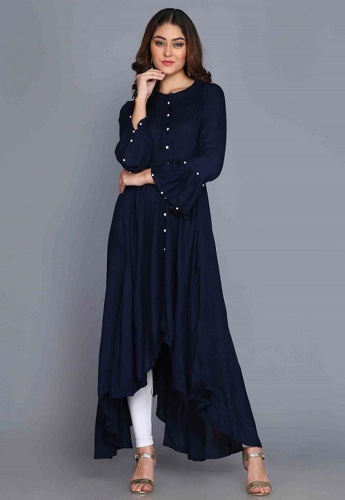 Solid Color Rayon Asymmetric Kurta in Navy Blue