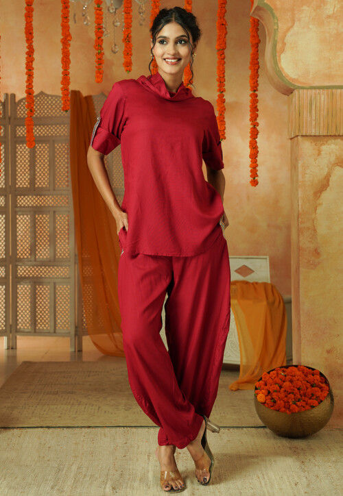 Solid Color Rayon Co Ord Set in Red