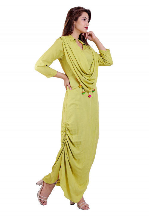 Solid Color Rayon Cowl Style Kurta in Yellow : TJW1049