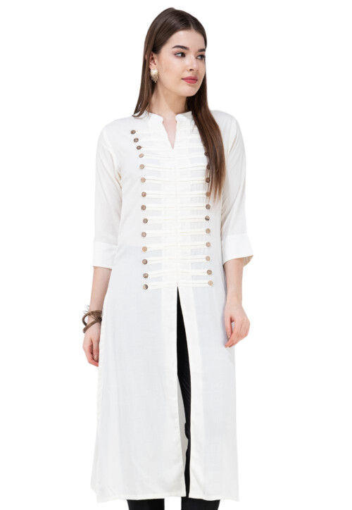 Solid Color Rayon Front Slit Kurta in White