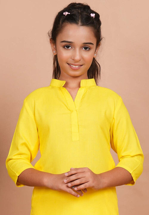 Solid Color Rayon Kurta Set in Yellow
