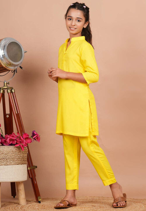 Solid Color Rayon Kurta Set in Yellow